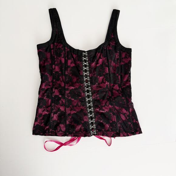 Tripp nyc Tops - [Tripp NYC] Black Pink Y2K Floral Print Lace Hook & Eye Corset Top Size Large L